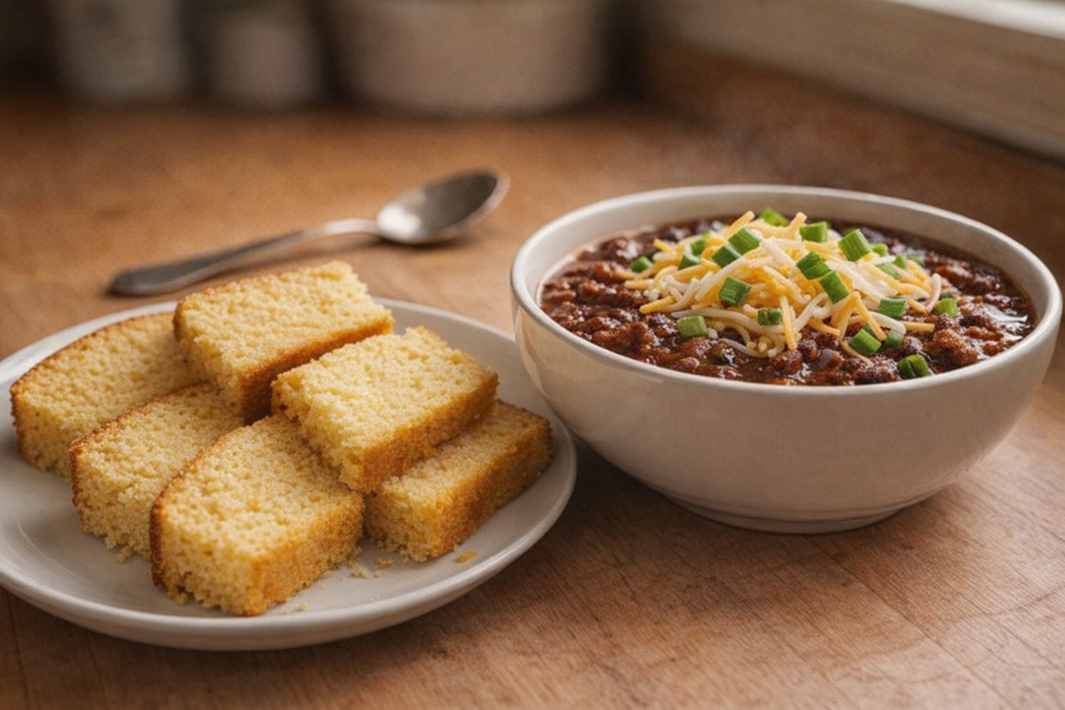 Sliced cornbread on a plate next to a bowl of chili, garnished with green onions and shredded cheese, warm inviting lighting